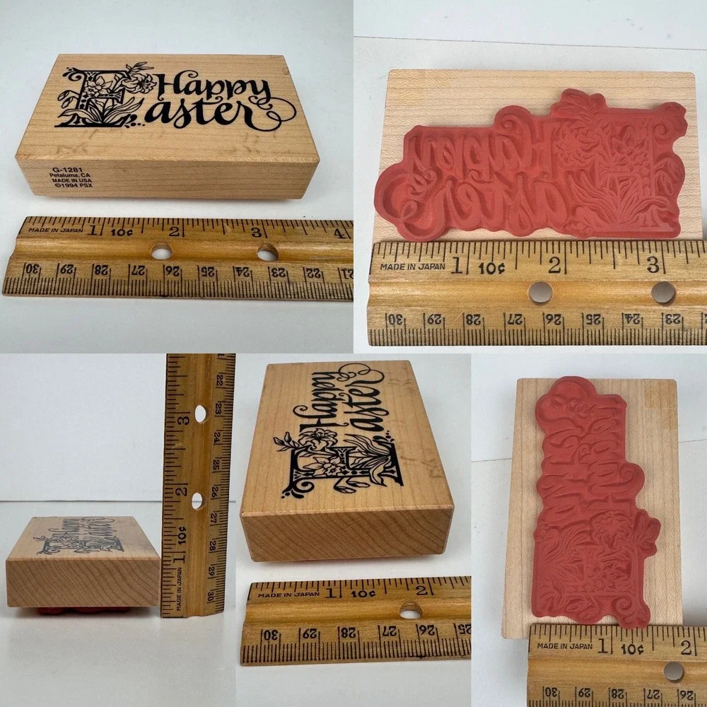 Vtg 1994 PSX Happy Easter Rubber Stamp Cursive Craft Floral Calligraphy USA Made